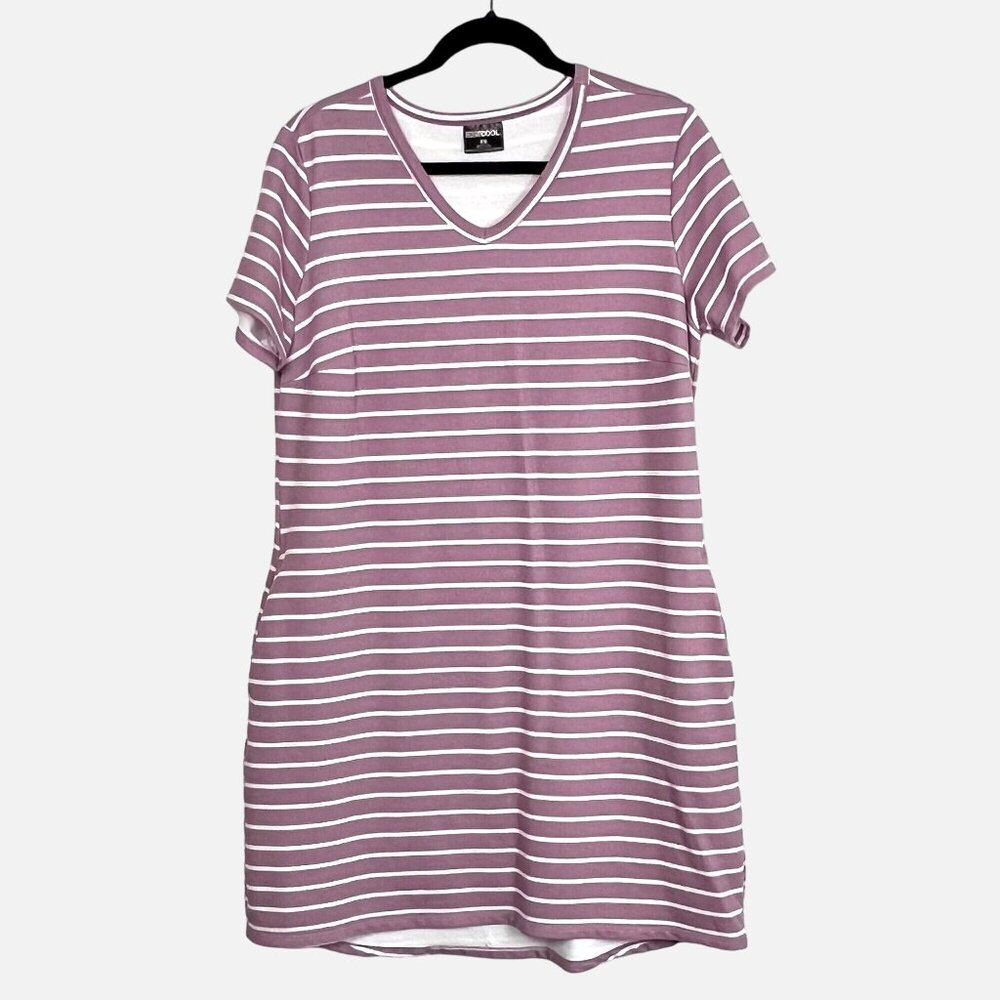 Womens 32 Degrees Cool Dress w/ Pockets Comfy Striped Short Sleeve V-Neck Sz L